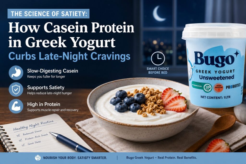 Bugo Full Cream Greek Yogurt with berries and granola illustrating how casein protein may support satiety and manage late-night cravings.