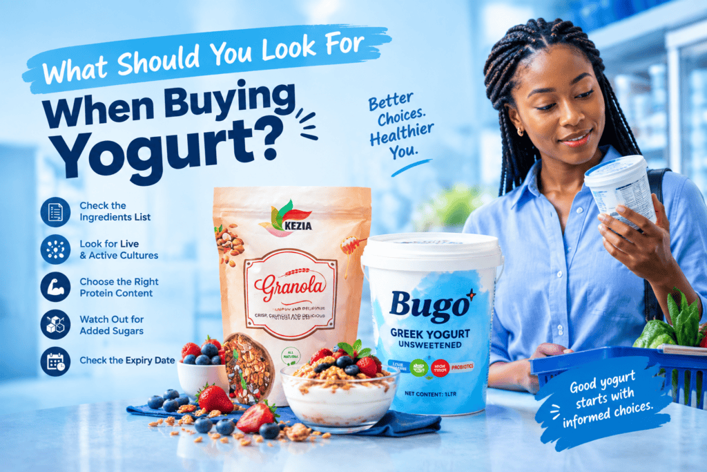 What to look for when buying yogurt, featuring Bugo Greek Yogurt and Kezia Granola with tips on ingredients, live cultures, protein, sugar and expiry dates.