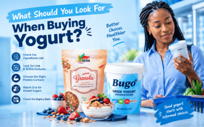 What to look for when buying yogurt, featuring Bugo Greek Yogurt and Kezia Granola with tips on ingredients, live cultures, protein, sugar and expiry dates.